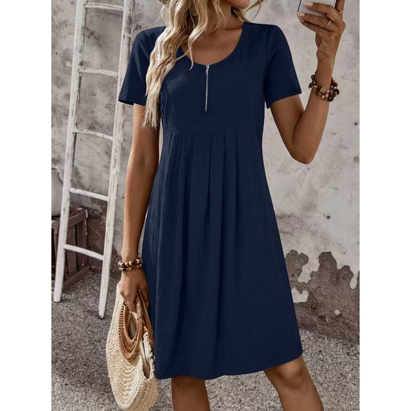 QICED Fashion Summer Spring Solid Color Print O-Neck Short Sleeve Casual Dresses