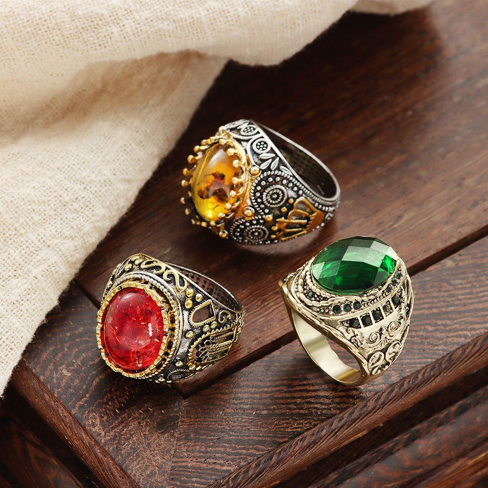 Wedding Handmade Carved Religious Muslim Jewelry Rings Men Women Ring Zircon Stone Yellow Red Ant
