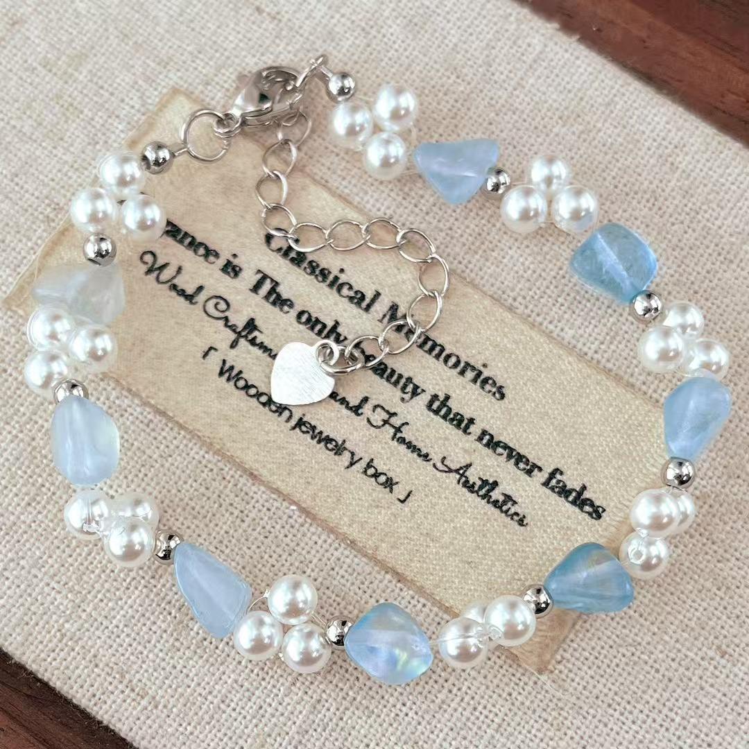 

Vintage Romantic Natural Aquamarine Artificial Crystal Pearl Baby S Breath Design Bracelet