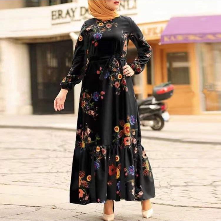 2022 Moroccan Print Long Sleeve Turkish Muslim Women's Party Dress