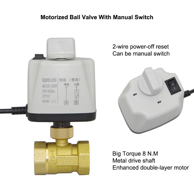 1/2" 3/4" 1" 2" Motorized Ball Valve With Manual Switch Brass 2-Wire DN15 DN20 DN25 DN50 Electric Ball Valve 220V 110V 24V 12V