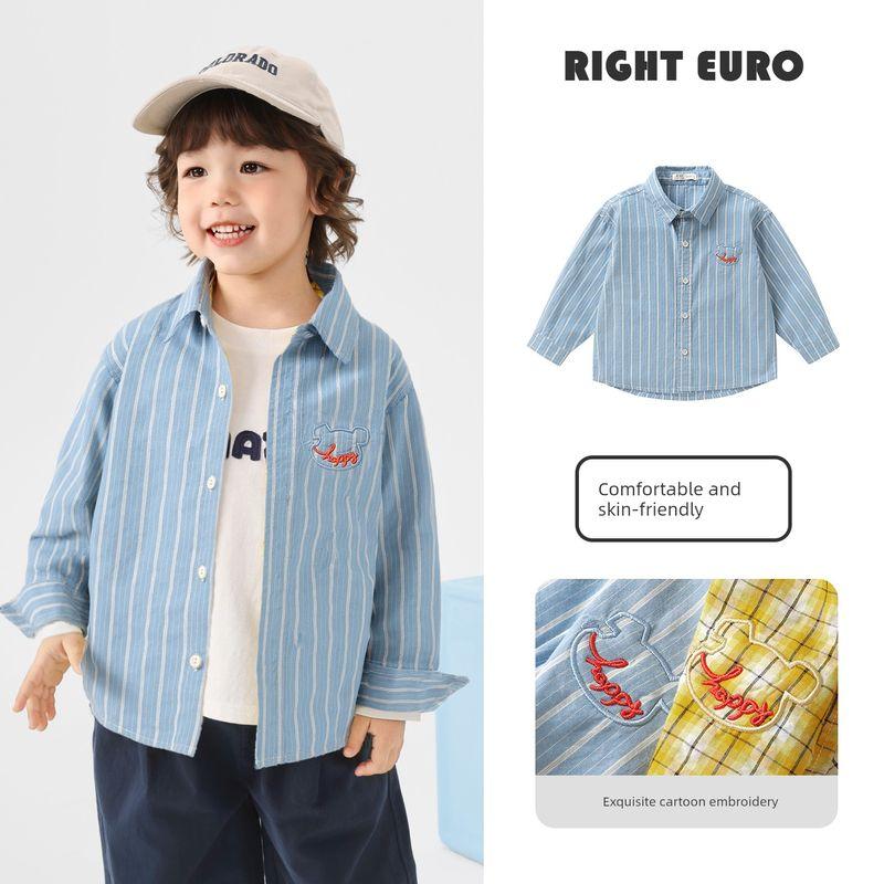 [Right-Ou 2026 Spring New Collection Launch] Boys  Plaid Long-Sleeve Shirt Antibacterial Baby Children s Clothing Top Blue Bar 120