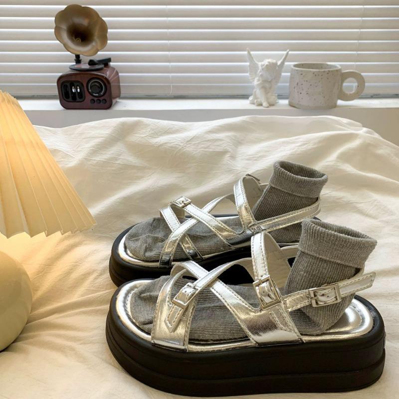 Summer new versatile non-slip silver niche muffin platform open-toed sandals women's beach shoes