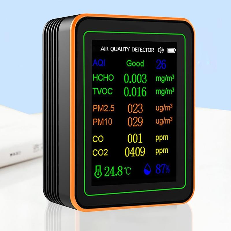 Air Quality Pollution Meter HCHO TVOC CO CO2 PM2.5 PM10 Temperature Humidity Meter with Buzzers Tester Color Display