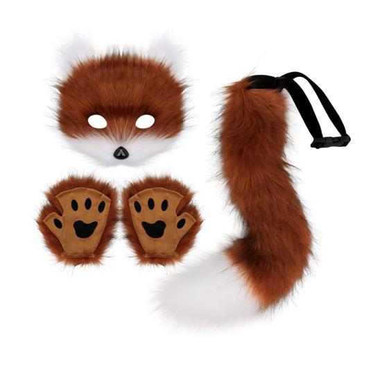 Furry Therian Kostýmová sada pro dívky ženy ocas z umělé kožešiny plyšová maska nadýchané tlapkové rukavice sada liška kočka vlk zvíře cosplay doplňky