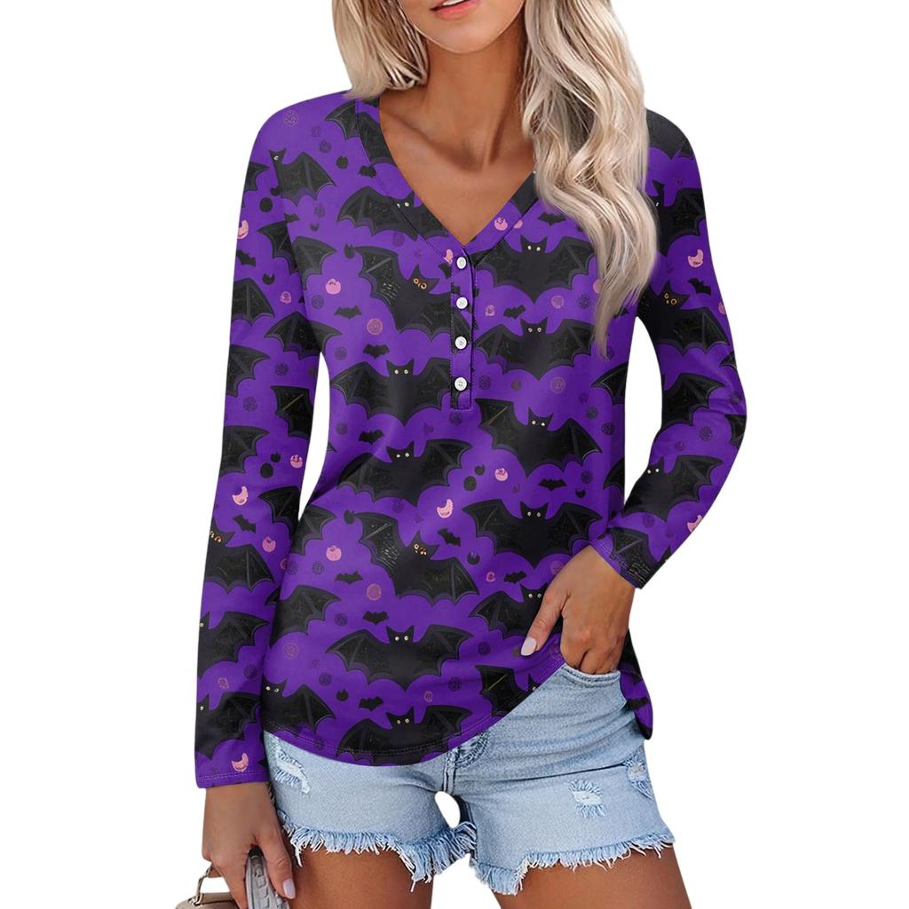 Women's Casual Fashion Sexy Comfort Halloween Printed V-Neck Button Long Sleeve