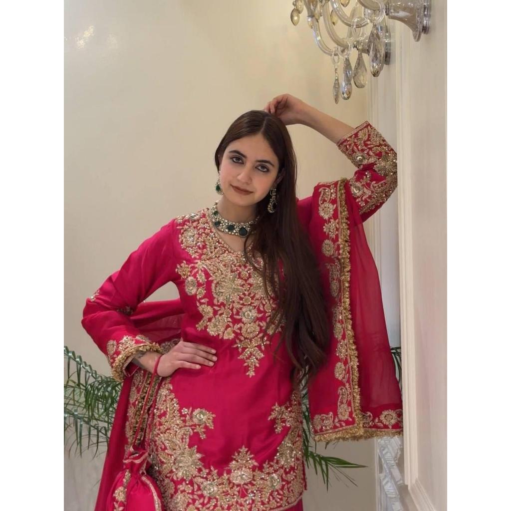 Presenting New Designer Embroidered Chinon Silk Sharara Suit With Sequence Embroidered Work