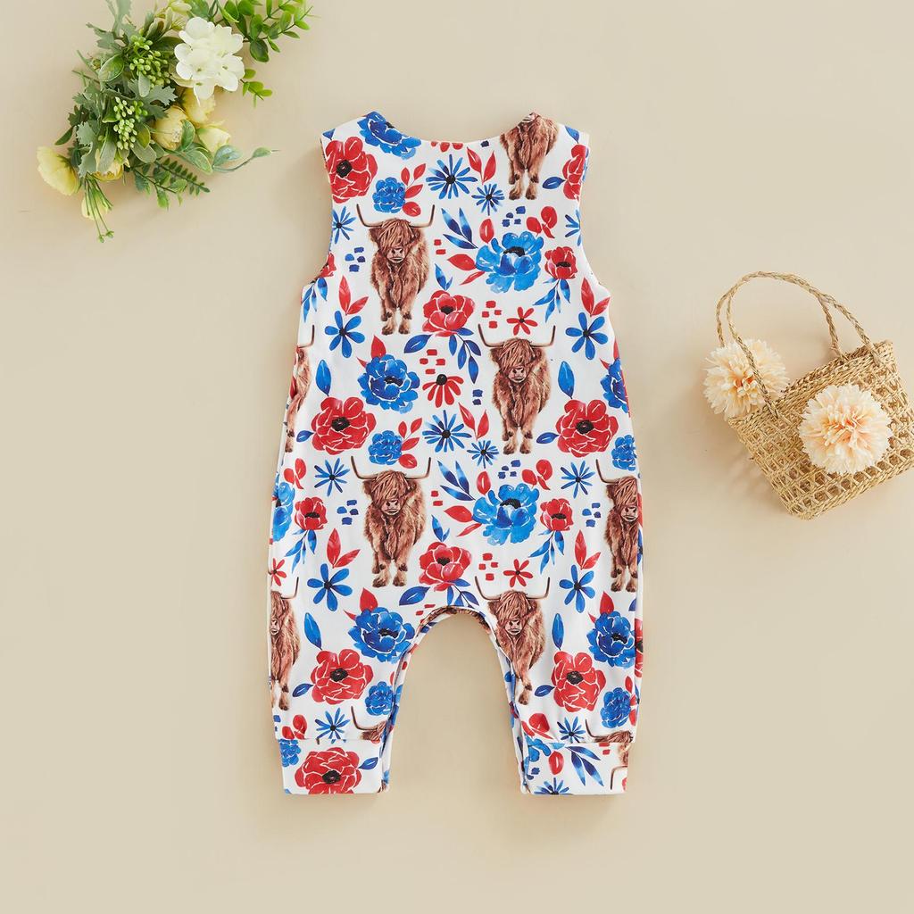 Salopetă ocazională de vară pentru fetițe, fără mâneci, cu decolteu O, cu imprimeu floral de vaci, salopetă largi