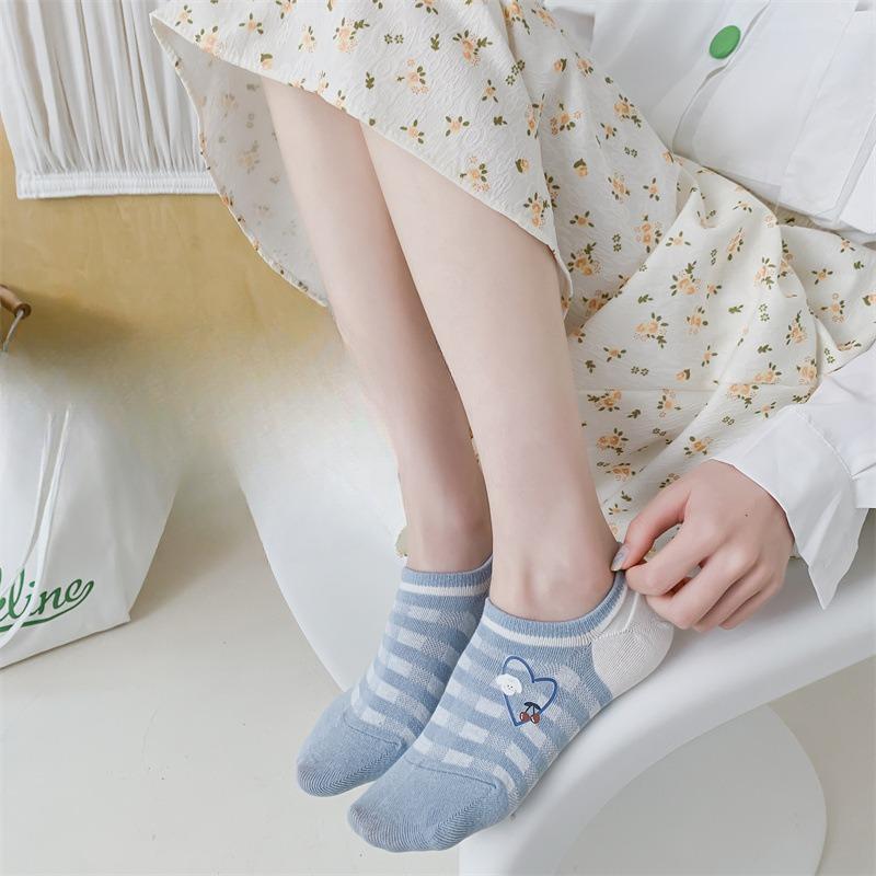 Women's Summer Boat Socks, Sweet Striped Cotton Socks That Won't Fall Off and Invisible Socks, Trendy Shallow Top Low-cut Short Socks