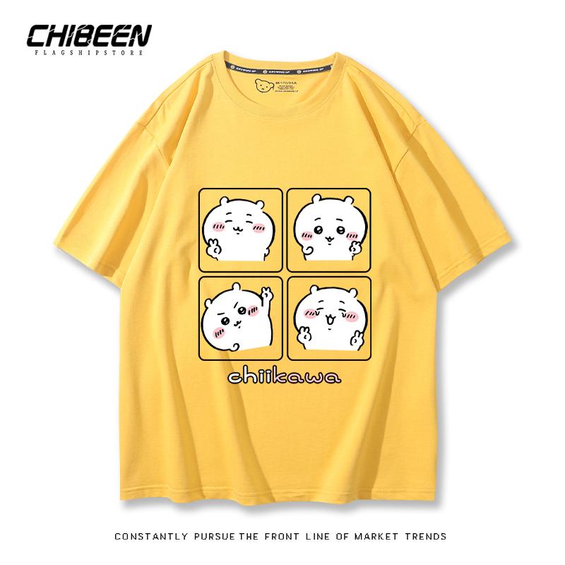 Chiikawa Cute Four-cell Pattern T-shirt Summer High Quality 100% Cotton T-shirt Casual Comfortable Loose Men's T-shirt