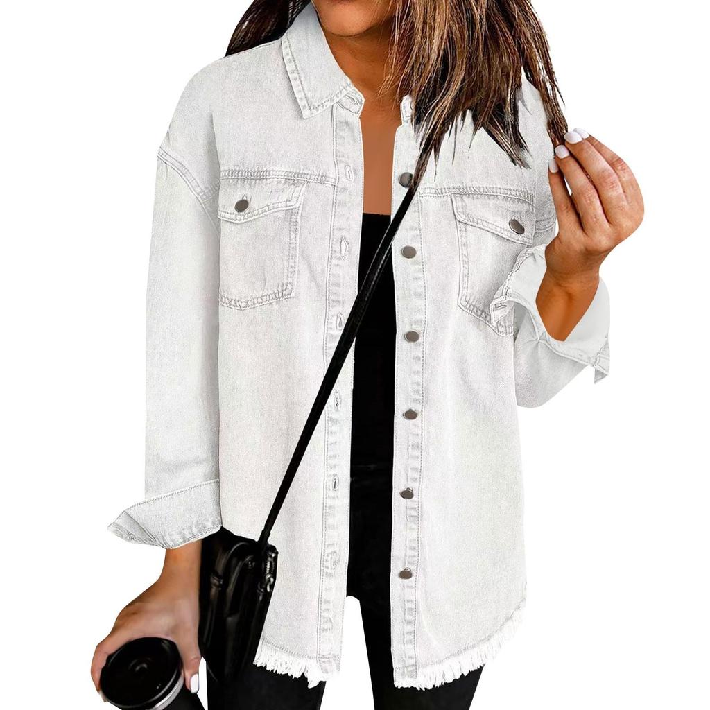 Women's Fashion Denim Shirt Jacket Milled Hem Button Casual Long Sleeve Jacket