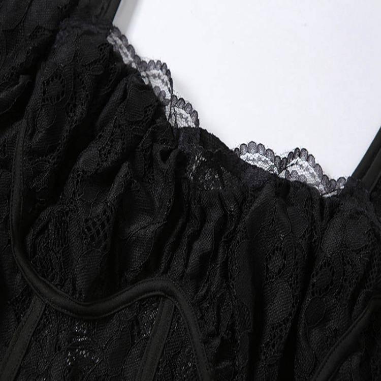 Sexy Backless Long Split Lace Dress for Women Square Collar Three Quarter Sleeve Summer Solid Dress