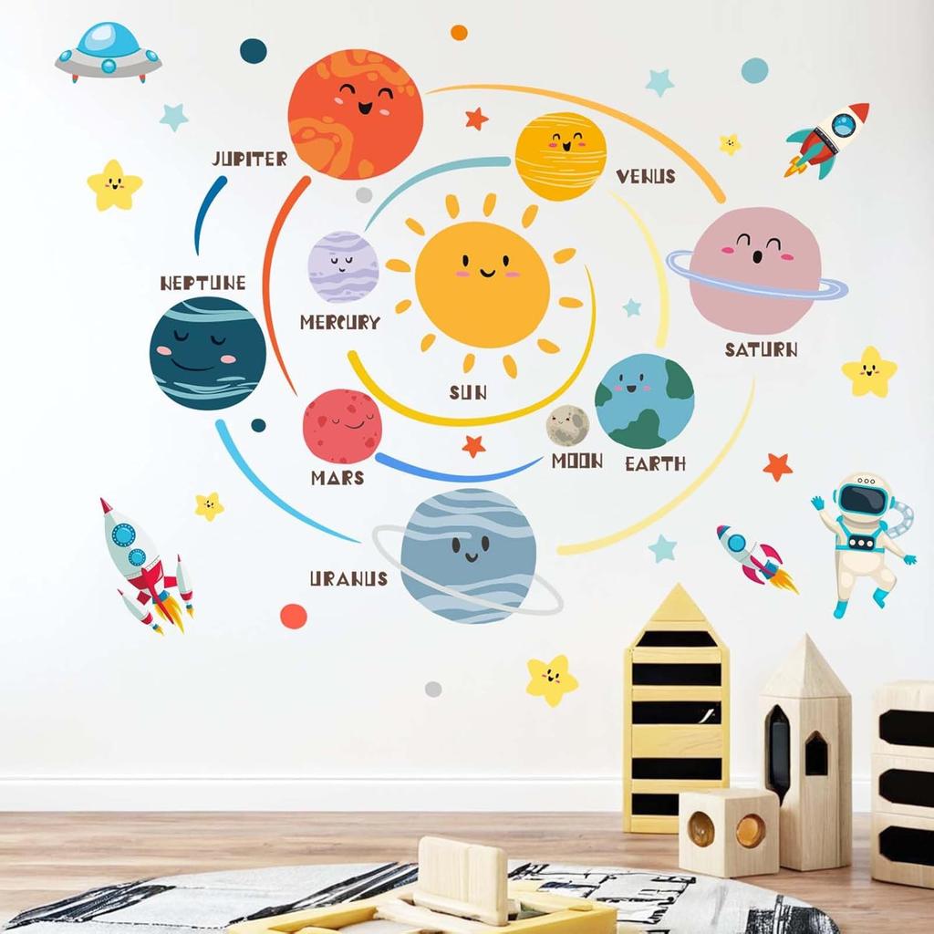 Space Planets Wall Decals - Astronaut Rocket Stickers - Kids Room Nursery Decor
