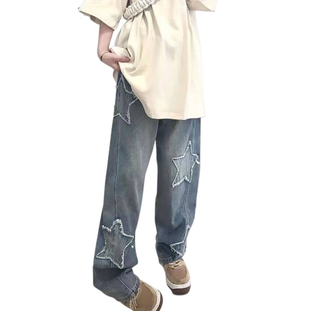 Belle Cie Cute Star Patch Baggy Denim Pants Women s Wide-leg (ST/No. 27691) (XXL, Blue) синий