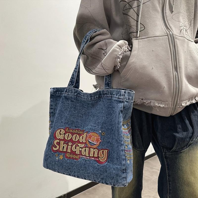 Большая вместительная холщовая сумка женская стираная джинсовая сумка-тоут студенческий — фото 9