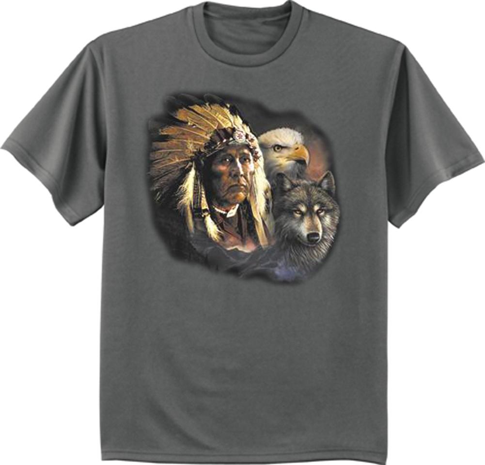 Native American Indian head dress wolf eagle design graphic t-shirt for men S