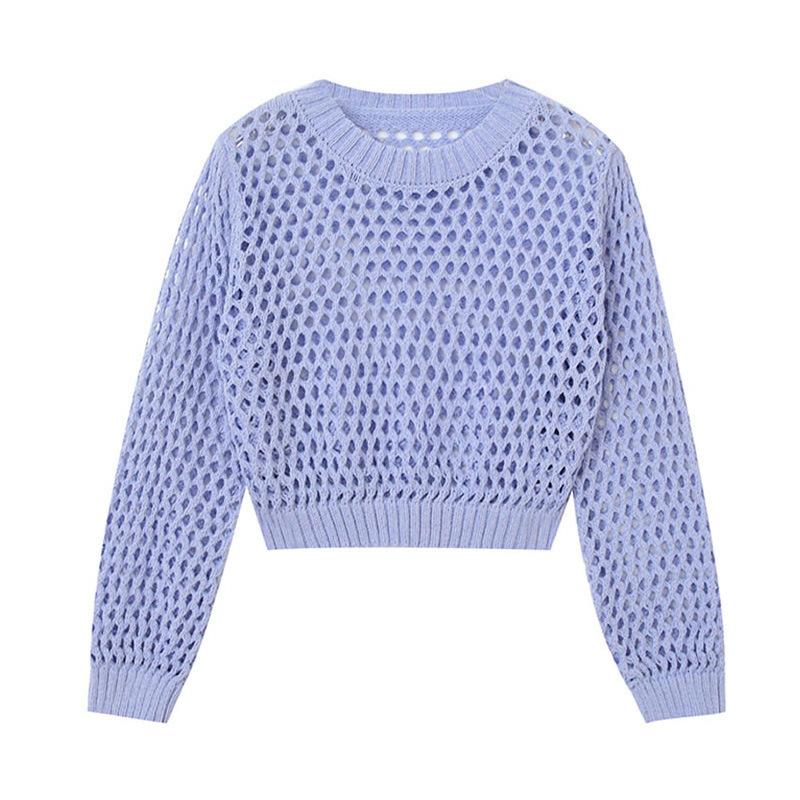 Spring and Summer Long Sleeve Hollow Knitted Sweater Women's Solid Color Inner Suspender Pullover Crew Neck Top Short Grid Design