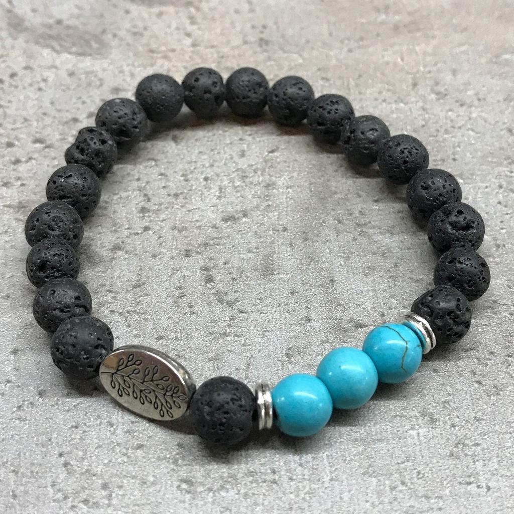 Lava Stone Bracelet With Turquoise Leaf