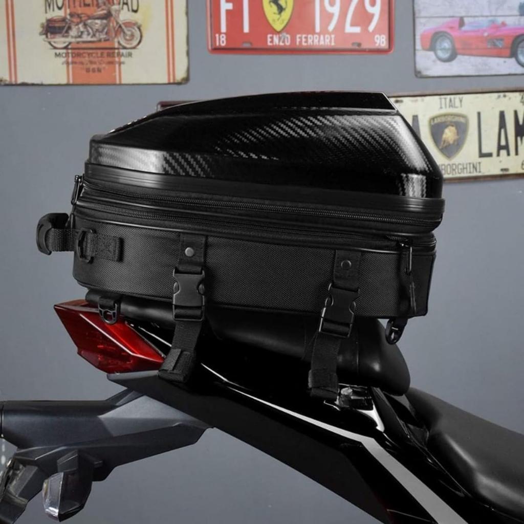 Yubbuio Motorcycle Seat Bag, Carbon Fiber, Expandable Function, Waterproof, Durable, Backpack with Lock, Built-In