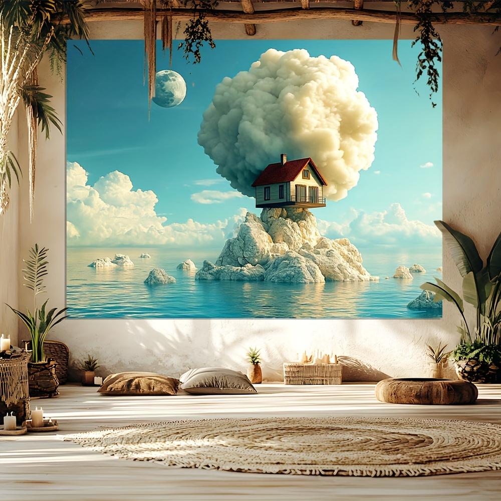 Mystery House on a tapestry of an iceberg-Red-roofed cottage with billowing clouds of smoke Surreal Dream Wall Art Deco 100X70CM
