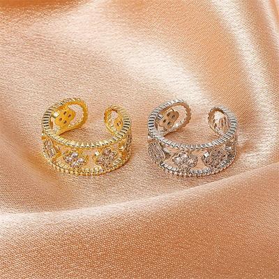 Vintage Eenvoudige Inleg Zirkoon Klavertje Vier Vingerringen Elegant Minimalistisch Uitgehold Geometrische Ring Romantische Schitterende Sieraden