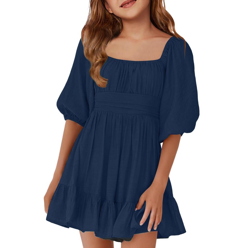 Children's Casual Bubble-Sleeve Backless Waist-Tied Bow-Pleated Dress