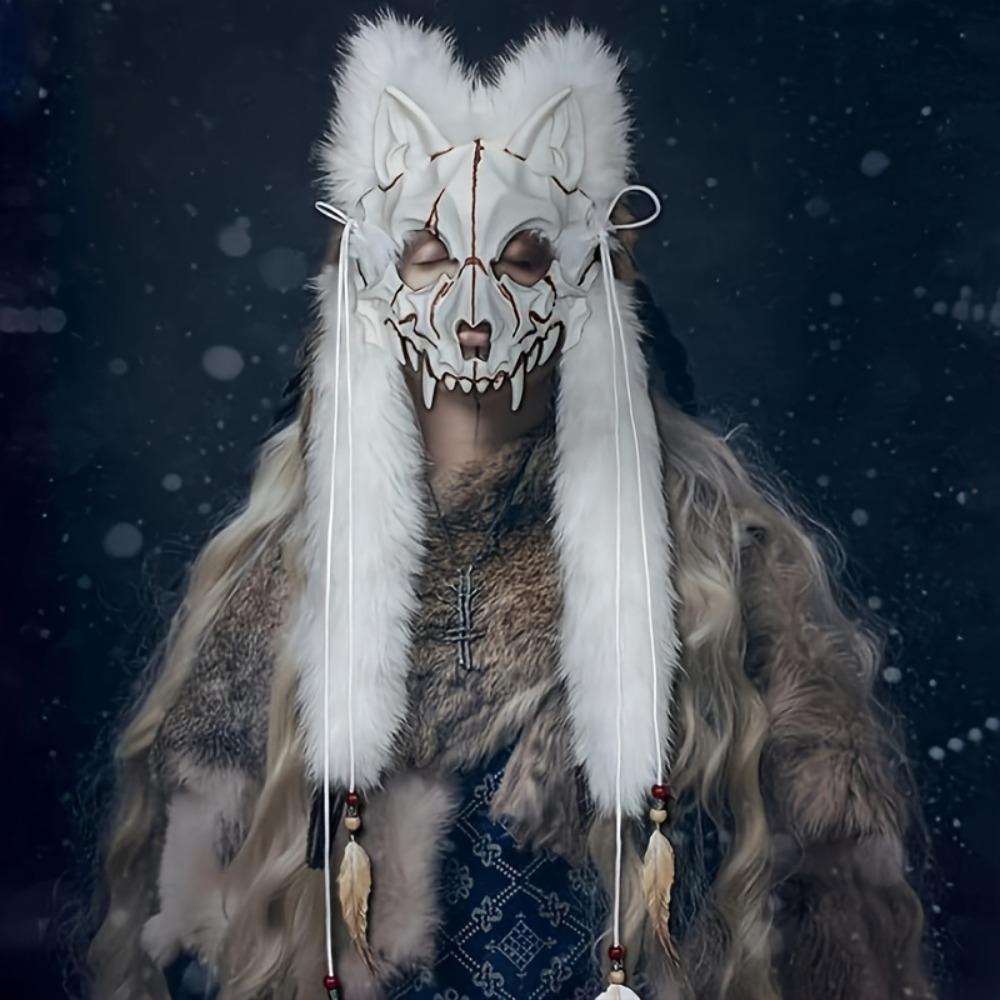 Furry Wolf Mask Viking Fur Fox Mask Wendigo Headdress Halloween Werewolf Costume Barbarian Medieval Cosplay Warrior Renaissance