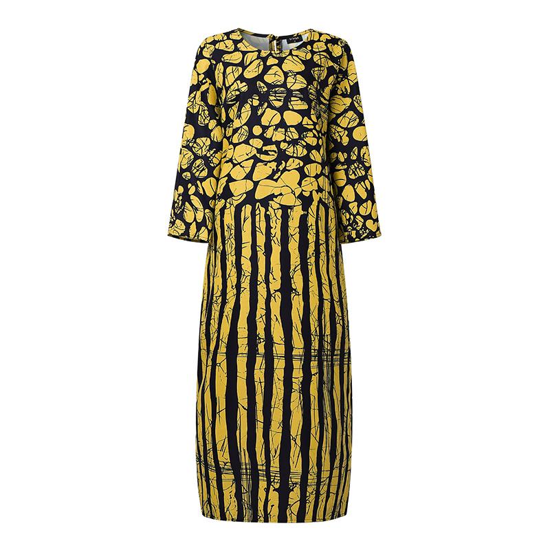 L-5XL Women Long Sleeve Striped Print Patchwork Casual Baggy Maxi Kaftan Dress