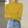 Vonda Autumn Winter Women High Neck Pearl Decorated Long Sleeve Striped Sweaters Undershirts