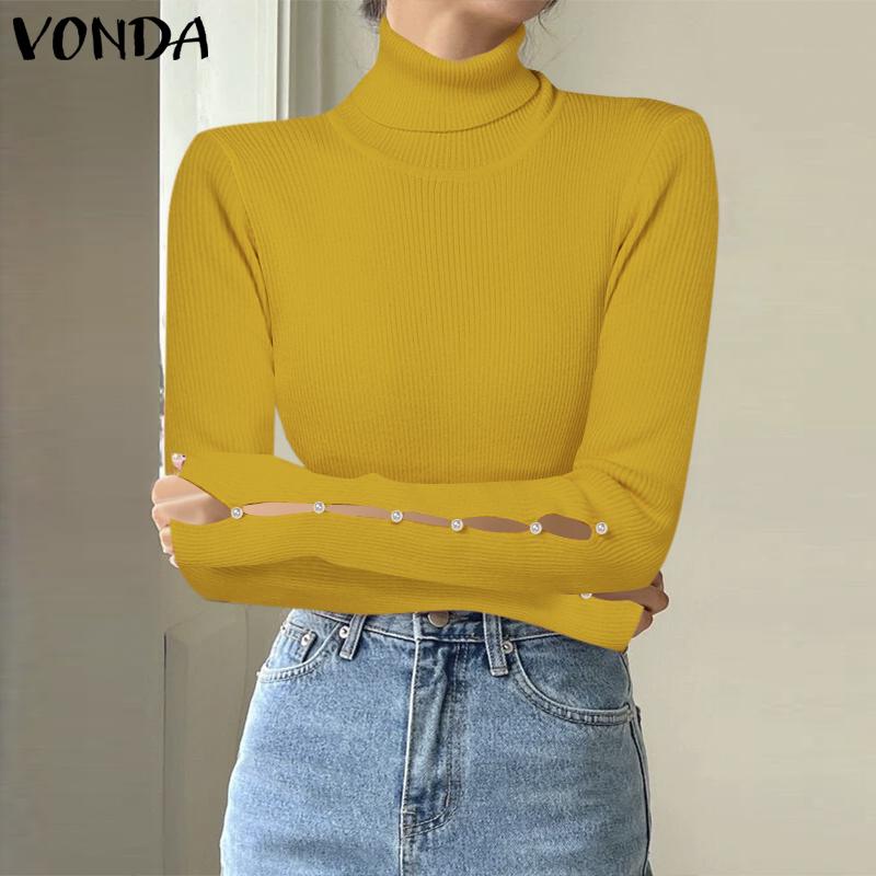 VONDA Women Winter Autumn High Neck Pearl Decorated Long Sleeve Striped Sweaters Undershirts