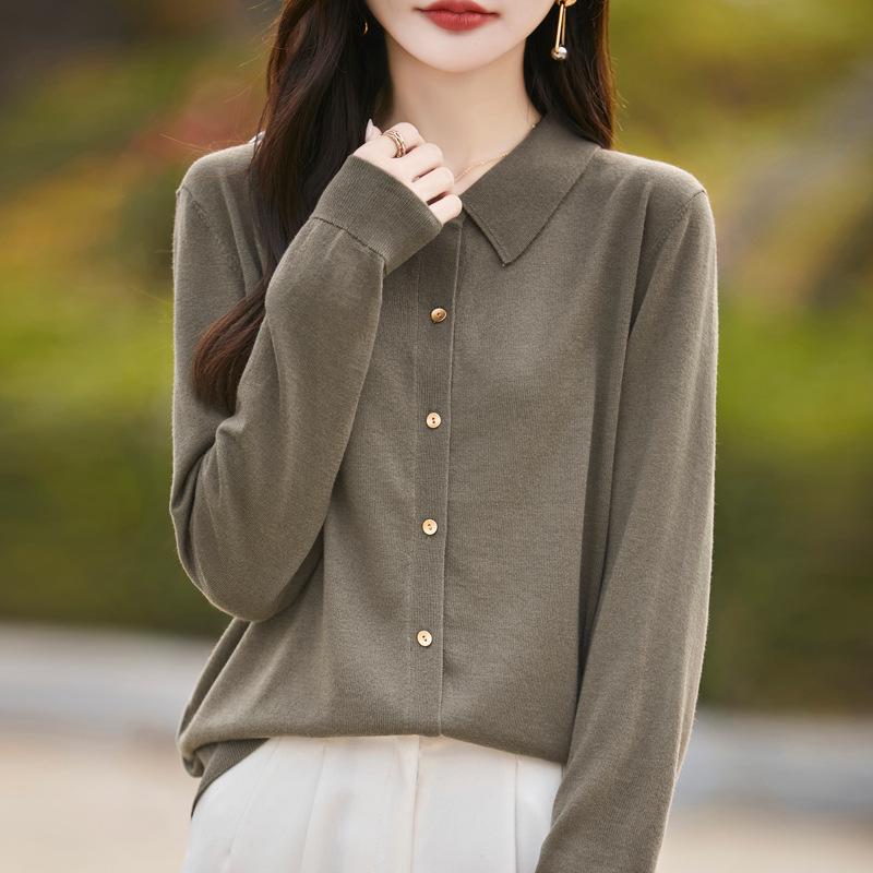 Polo Collar Knitted Cardigan: Slim Fit, Solid Color, Versatile for Spring & Autumn Women's Business Casual Wear