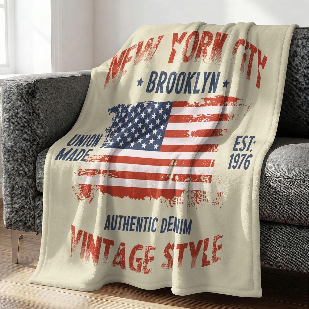 Vintage Flag Flannel Blanket Retro Americana Throw Soft Warm Fleece Bed Sofa Blanket Gift Blanket 75X95CM