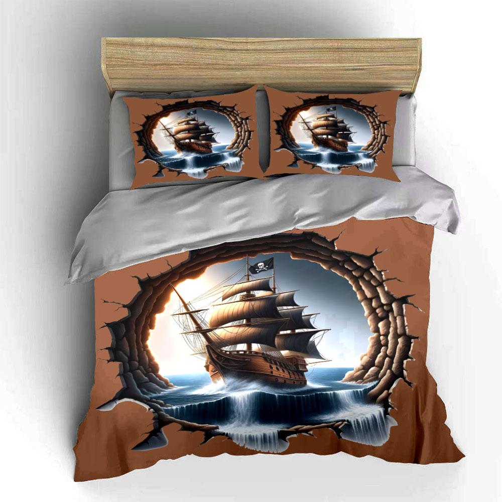 Pirate Ship Wall Art Set Soft Comfortable Duvet Cover Bedding Set Included 1*Duvet Cover & 2*Pillowcases, Gift