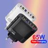 65W Multi-port Charger with 3 USB & 3 Type-C Ports, Compatible with EU, US, UK Plugs