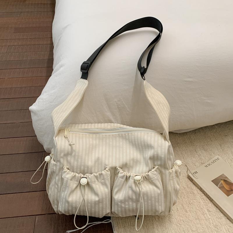 Stylish Plaid Shoulder Bag Korean Minimalist Tote Bag Casual Pleated Adjustable Crossbody Bag Zipper Handbag Fashi Canvas Bag