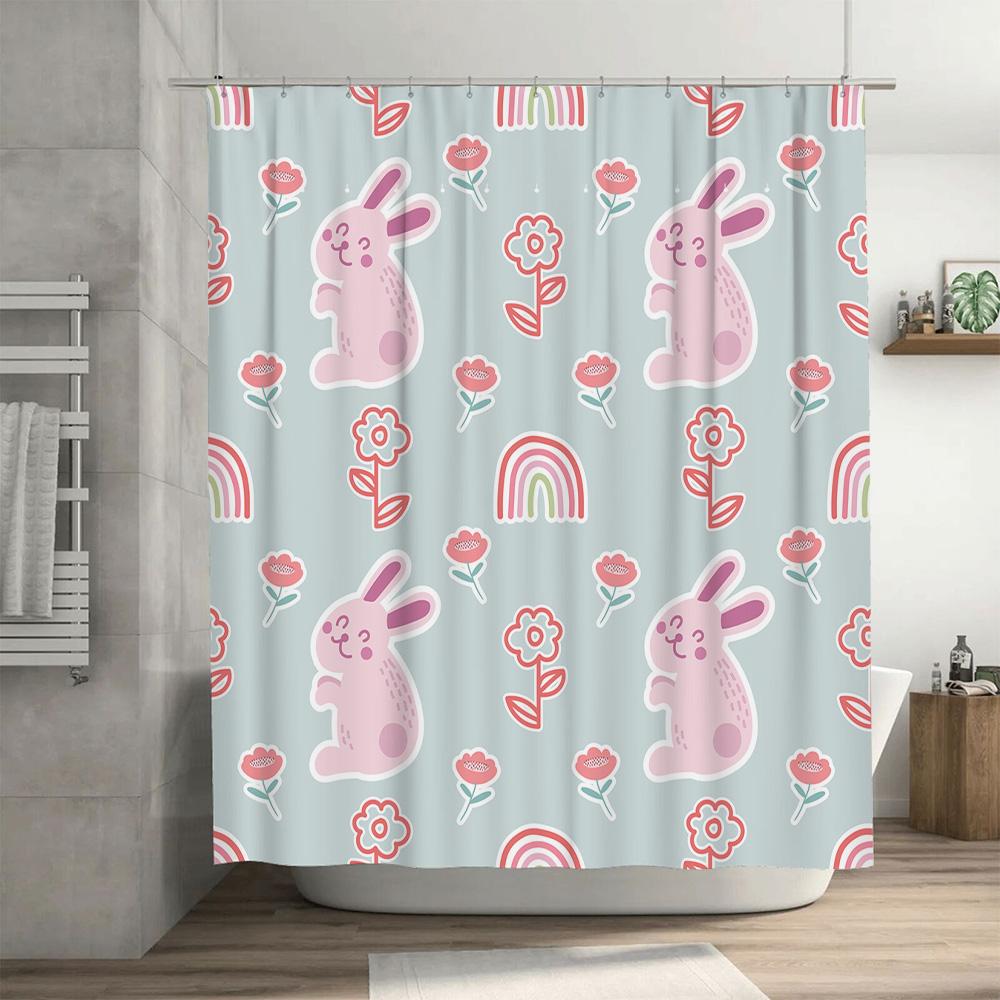 Cute Bunny Rabbit Shower Curtain with Flowers Rainbow Design Waterproof Fabric for Bathroom Decor in Light Blue Color (Size: 72x