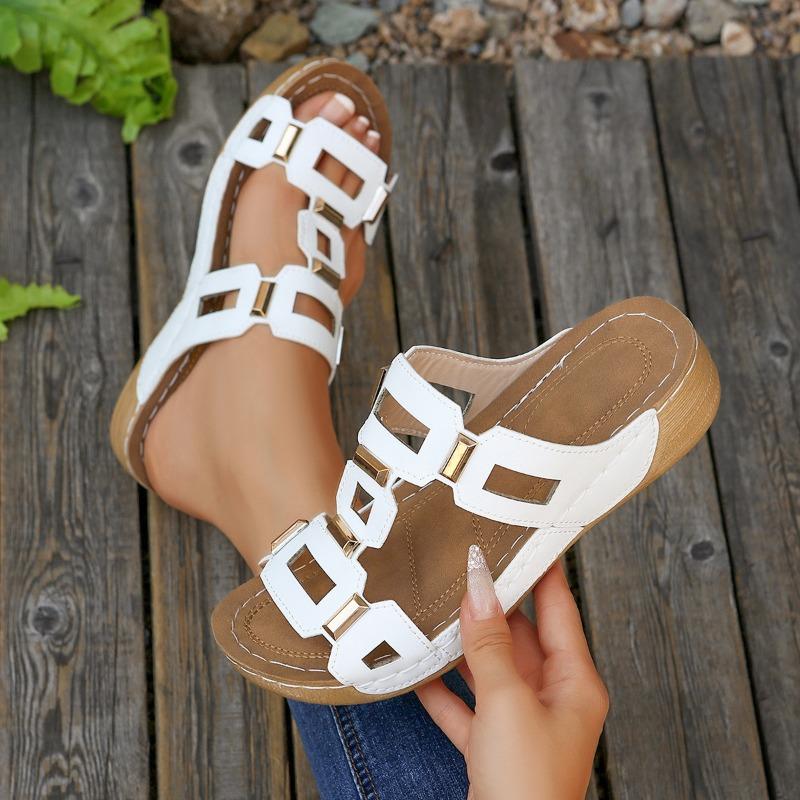 Casual Beach Cool Slippers Women's Perforated Breathable Flat Shoes Anti-slip One-shoulder Slippers Devotion
