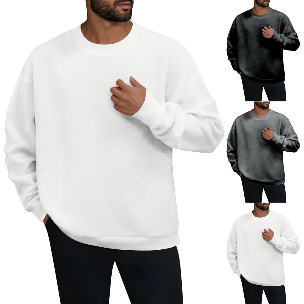 Men's Winter Solid Color Striped Casual Tops Long Sleeve Round Neck Sweatshirt