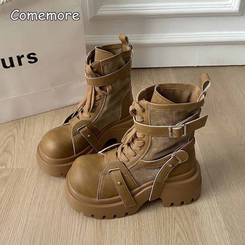 Matte Patent Leather Lace Up Fashion Boots Women Shoes New Retro Motorcycle Short Boots Thick Bottom Work Boots