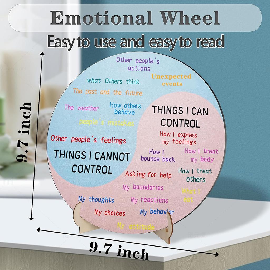 Feelings Wheel Therapy Office Decor, 9.7 Inches Diameter Large Double Sided Mental Health Decor Emotion Wheel with Stand, Wooden Coping Wheel Chart