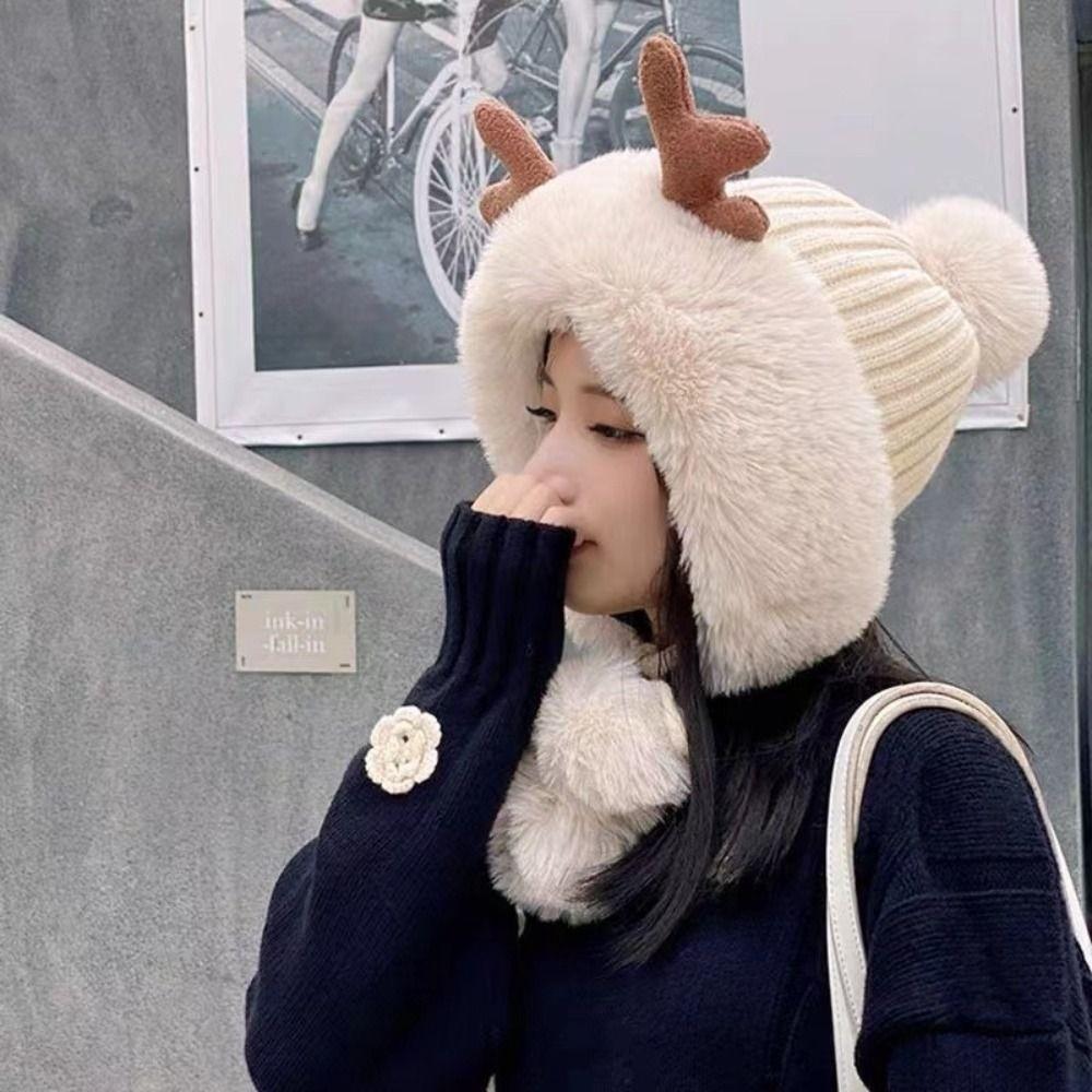 Cute Warm Winter Hat Lacing Ear Protection Bear Ears Hat Velvet Antlers Woolen Bucket Hat Women