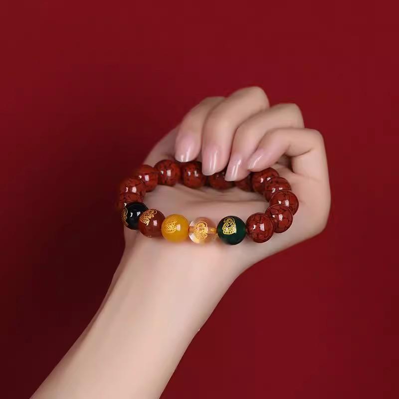 Pulsera de la Fortuna de Cinco Vías de Cinabrio Cristalino, Cuentas Grandes de Piedra Natural, Cuentas de Buena Suerte, Joyería de Regalo para Parejas del Zodiaco
