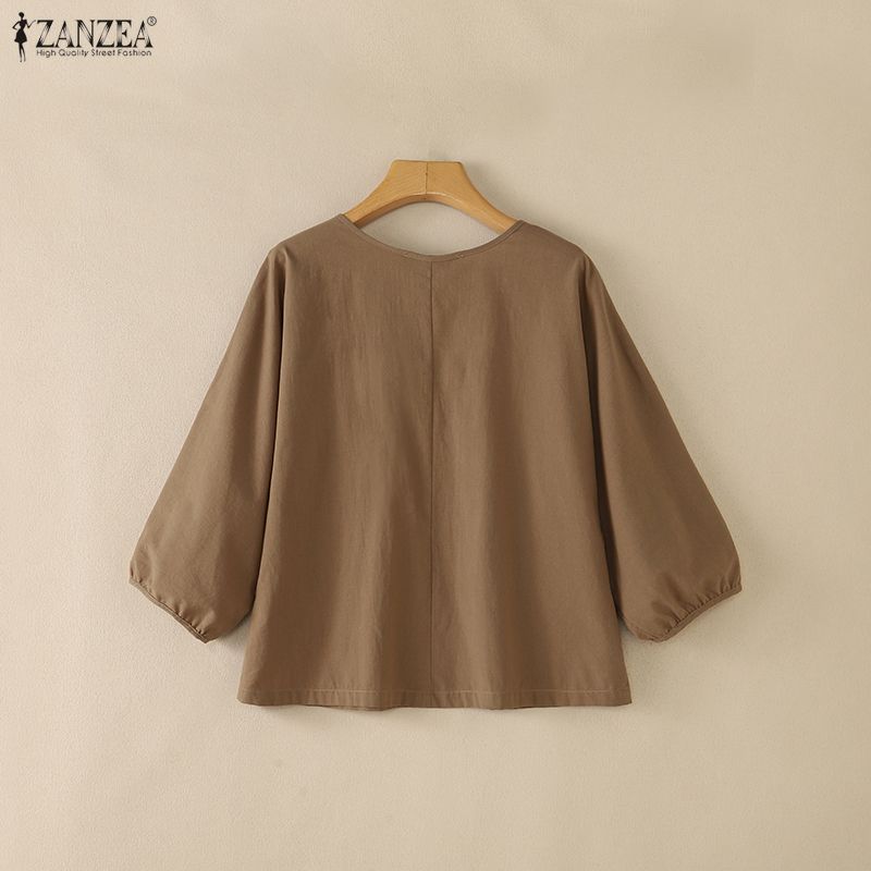 ZANZEA Vintage Womens V Neck Tie Front Blouse with 3/4 Puff Sleeve Casual Loose Tunic Tops