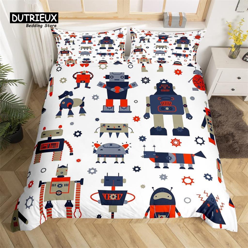 Robot Duvet Cover Set Cartoon Space Robot Bedding Set Patchwork Transformer Futuristic Machine Comforter Cover Twin Full For Boy