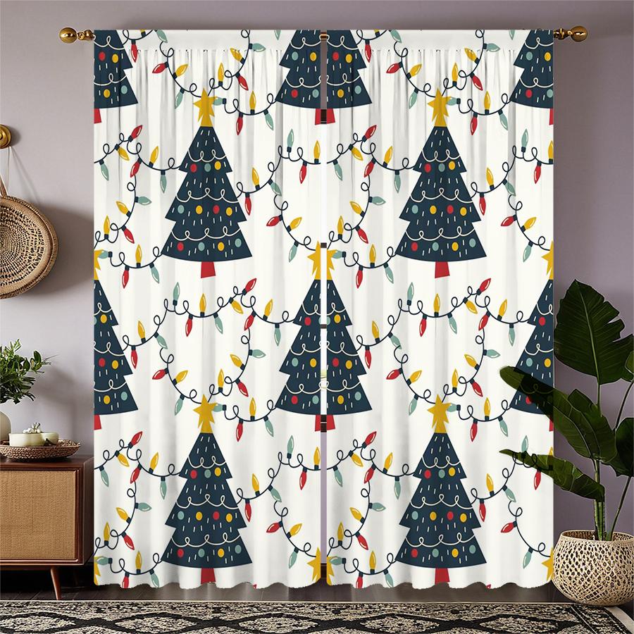 Christmas Tree Snowflake Pattern Printed Curtains Decorations Home Room Curtain Set Of 2 Made Polyester Washable