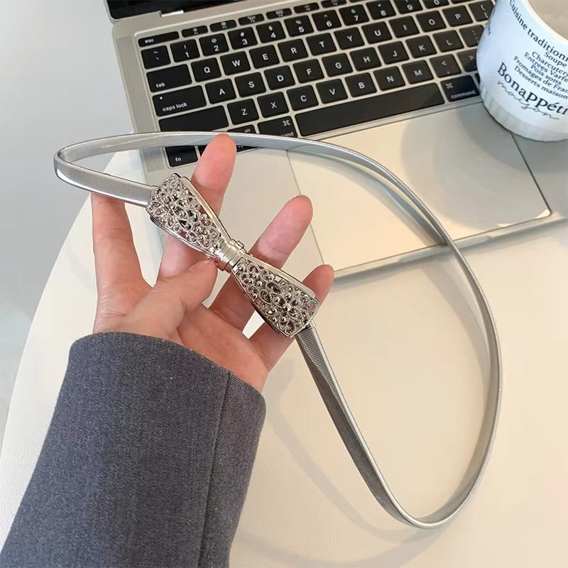 Fashion Metal Hollow Out Carved Bow Women Belts Elastic Skinny Thin Dress Belt Women Ladies Gold Sliver Decor Waist Chain Straps