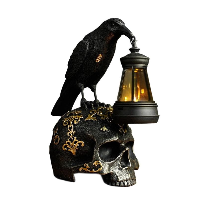 Halloween Crow Skull Night Light Table Lamp Halloween Decorative Skull Lamp Gothic Decorative Night Light Resin Craftsmanship