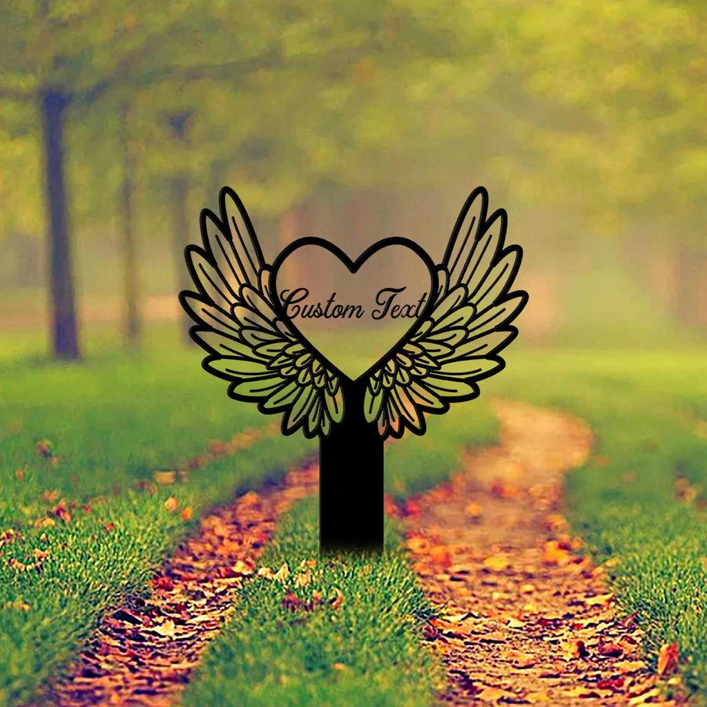 Personalized Angel Heart Metal Stake, Memorial Garden Decor, Outdoor Memorial Marker