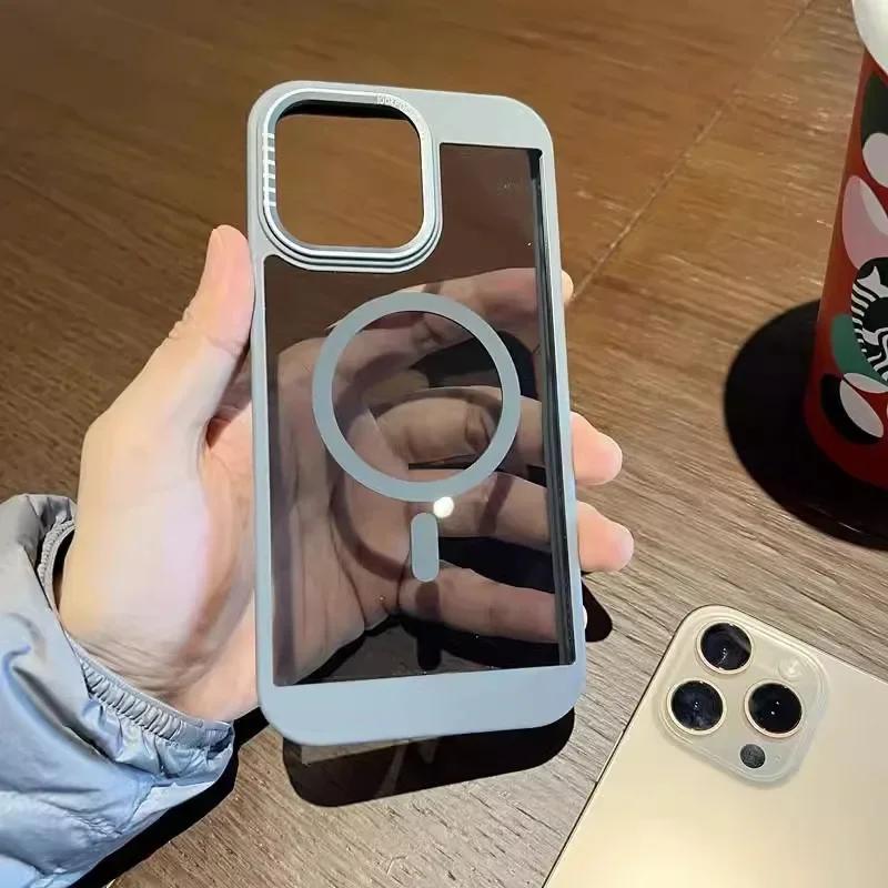 

Titanium gray armor silicon magsafe charging phone case for iPhone 11 15 14 13 12 16 Pro Max metal lens frame magnetic hard case For iPhone 16 Pro Max