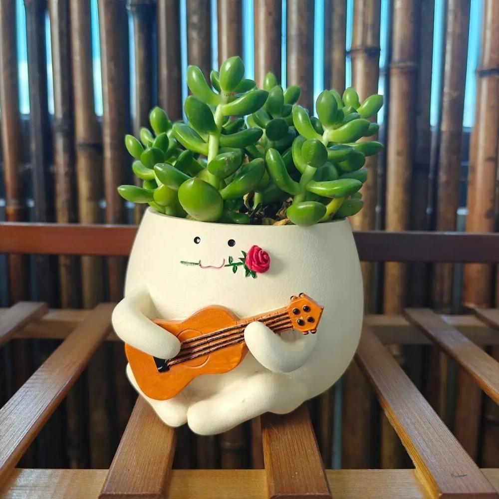 Cartoon Ukulele Flower Pot Cute Smile Face Planter Pot  For Indoor Outdoor Plant
